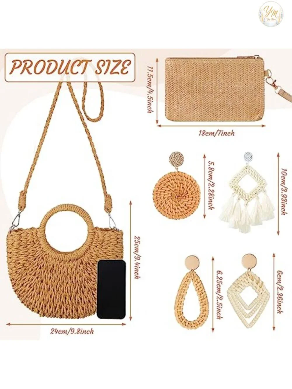 Woven Rattan Straw Clutch Purse with Earrings Set Boho Beach Vacation
